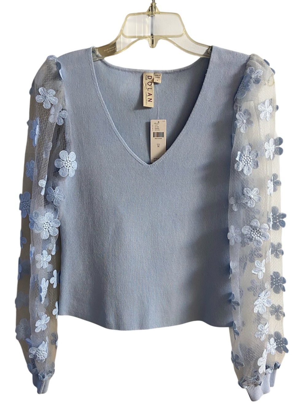 Anthropologie Dolan Sheer Sleeve Applique Sweater Light Blue Knit V-Neck Medium - Picture 2 of 12